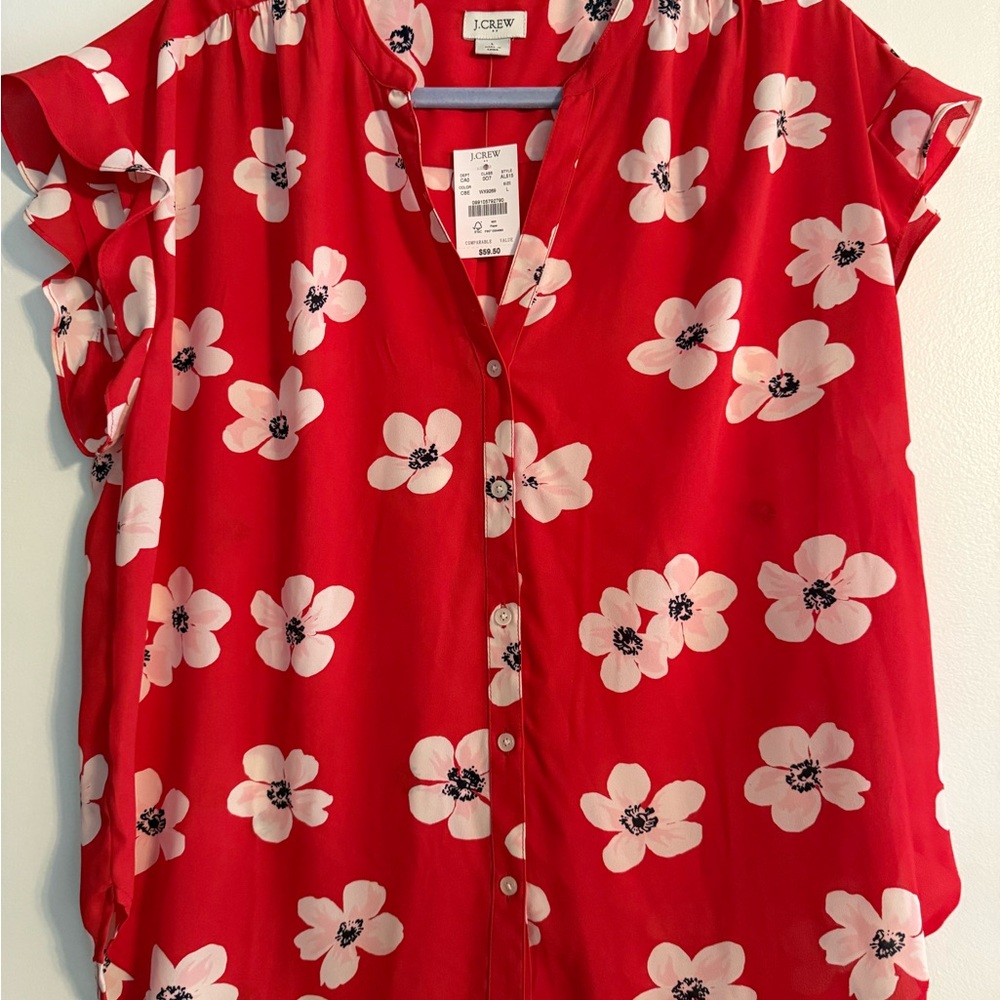 J. Crew Red Cap Sleeve Blouse with Mandarin Collar